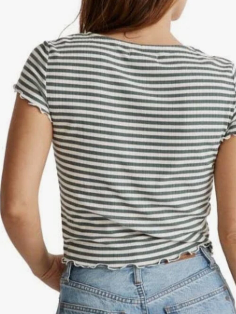 Madewell Button-Front V-Neck Tee Striped Olive Cream Ribbed Size S - Picture 2 of 13